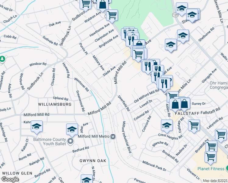 map of restaurants, bars, coffee shops, grocery stores, and more near 19 Warren Park Drive in Pikesville