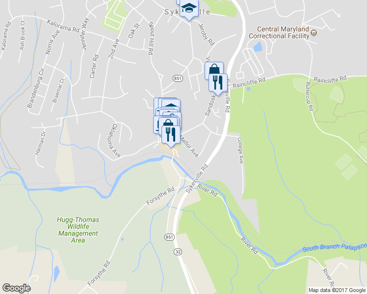 map of restaurants, bars, coffee shops, grocery stores, and more near 7614 Mellor Avenue in Sykesville