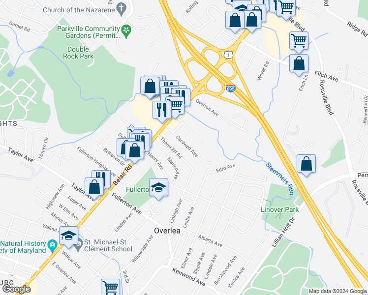 map of restaurants, bars, coffee shops, grocery stores, and more near 4225 Cardwell Avenue in Nottingham