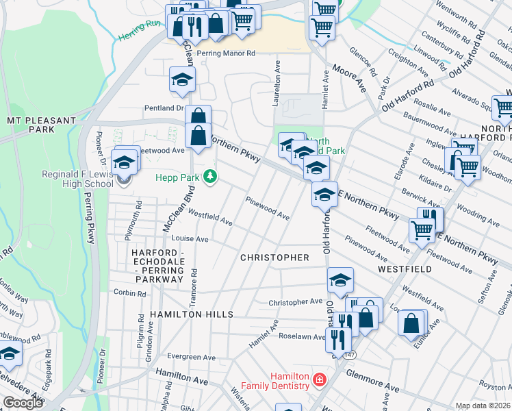 map of restaurants, bars, coffee shops, grocery stores, and more near 6418 Fair Oaks Avenue in Baltimore