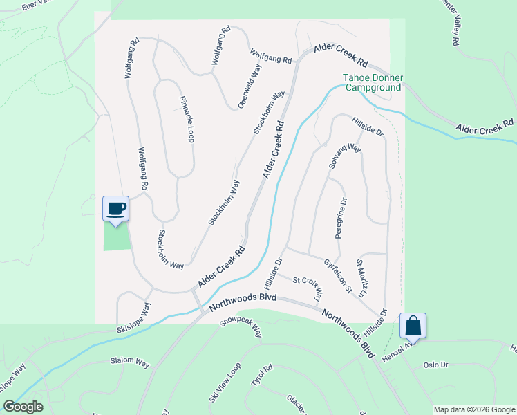 map of restaurants, bars, coffee shops, grocery stores, and more near 14695 Alder Creek Road in Truckee