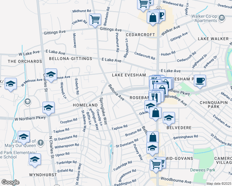 map of restaurants, bars, coffee shops, grocery stores, and more near East Northern Parkway & Bellona Avenue in Baltimore