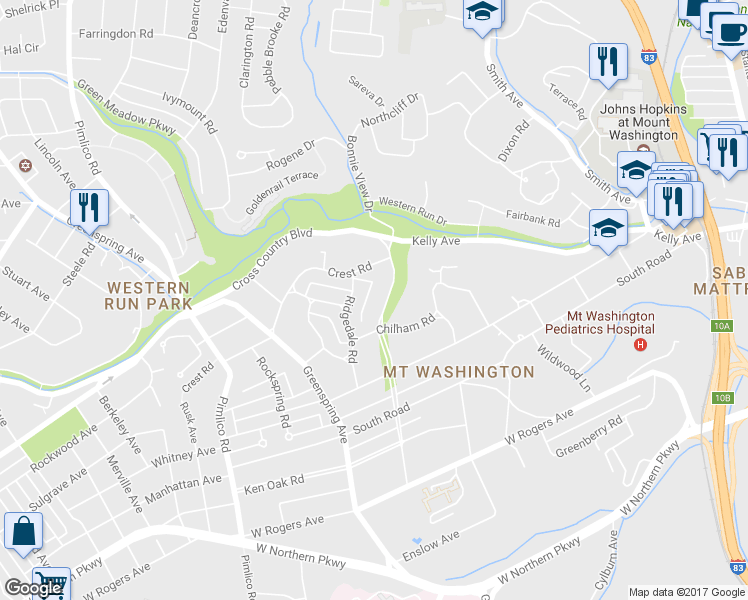 map of restaurants, bars, coffee shops, grocery stores, and more near 5732 Cross Country Boulevard in Baltimore