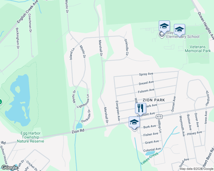 map of restaurants, bars, coffee shops, grocery stores, and more near 108 Marshall Drive in Egg Harbor Township