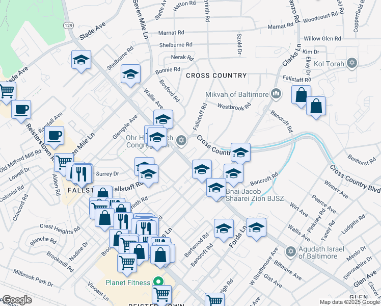map of restaurants, bars, coffee shops, grocery stores, and more near 6807 Park Heights Avenue in Baltimore