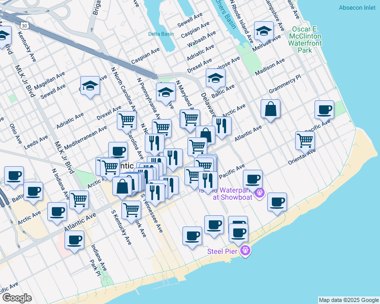 map of restaurants, bars, coffee shops, grocery stores, and more near 26 Virginia Avenue in Atlantic City