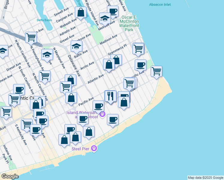 map of restaurants, bars, coffee shops, grocery stores, and more near 526 Pacific Avenue in Atlantic City