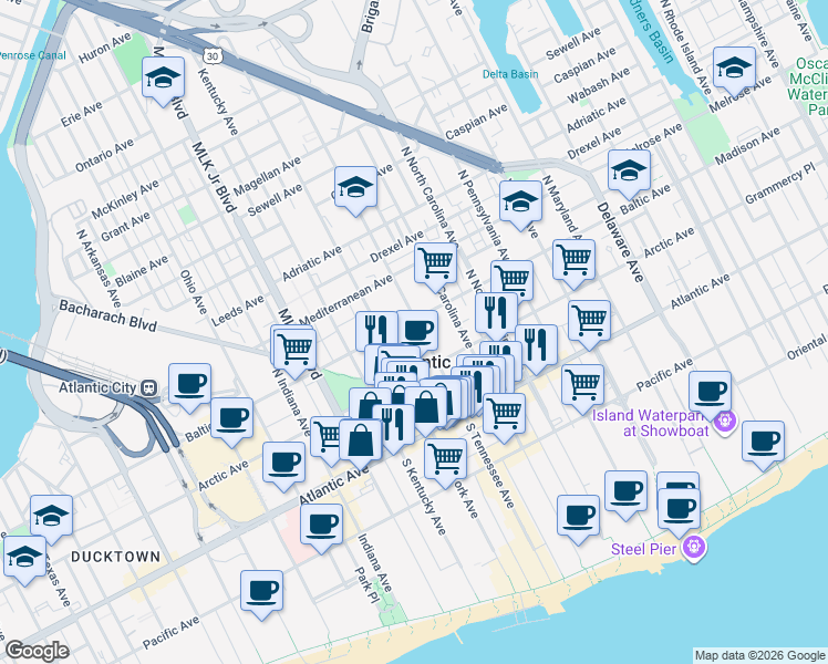 map of restaurants, bars, coffee shops, grocery stores, and more near 127 Reverend Doctor Isaac Cole Plaza in Atlantic City