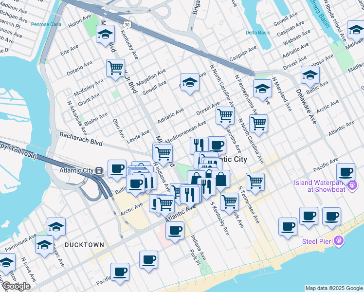 map of restaurants, bars, coffee shops, grocery stores, and more near 224 North Kentucky Avenue in Atlantic City