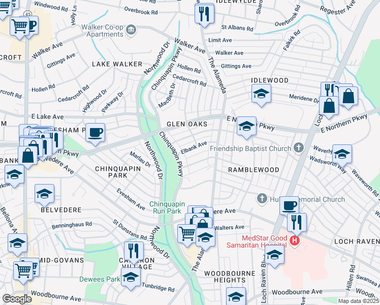 map of restaurants, bars, coffee shops, grocery stores, and more near 1111 Elbank Avenue in Baltimore