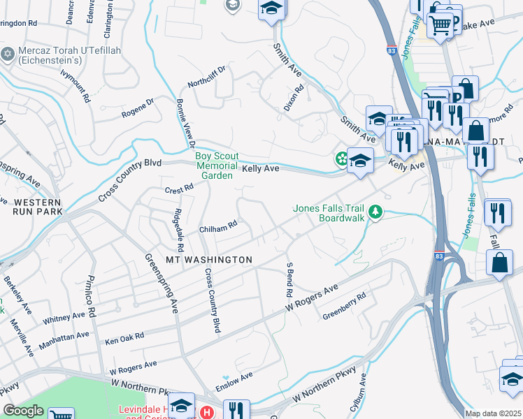 map of restaurants, bars, coffee shops, grocery stores, and more near 5724 Ranny Road in Baltimore