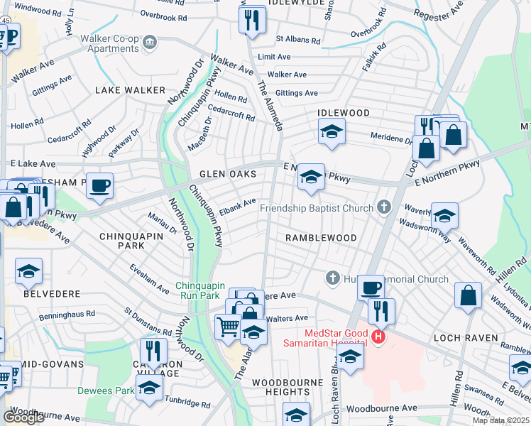 map of restaurants, bars, coffee shops, grocery stores, and more near 5906 The Alameda in Baltimore