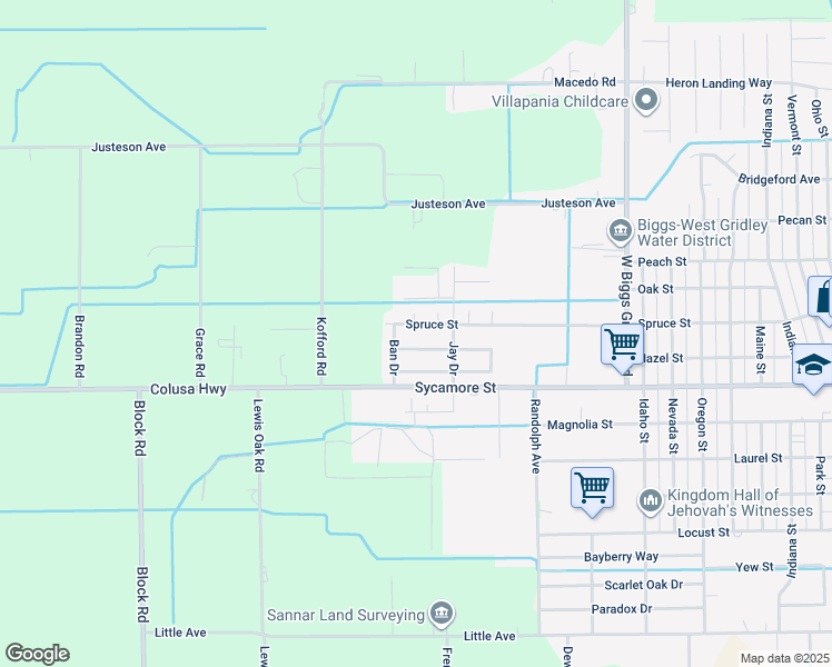 map of restaurants, bars, coffee shops, grocery stores, and more near 2135 Spruce Street in Gridley