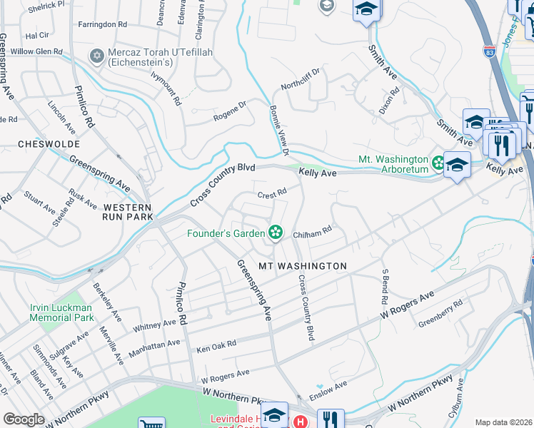 map of restaurants, bars, coffee shops, grocery stores, and more near 2200 Arden Road in Baltimore