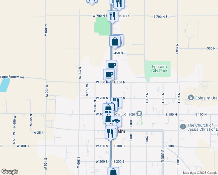 map of restaurants, bars, coffee shops, grocery stores, and more near 265 North Main Street in Ephraim