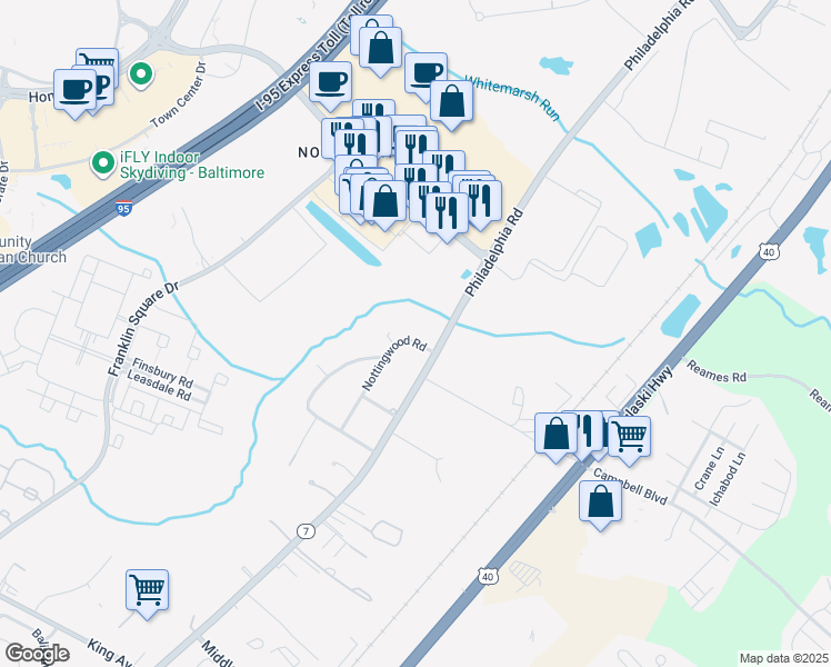 map of restaurants, bars, coffee shops, grocery stores, and more near 9222 Nottingwood Road in Rosedale