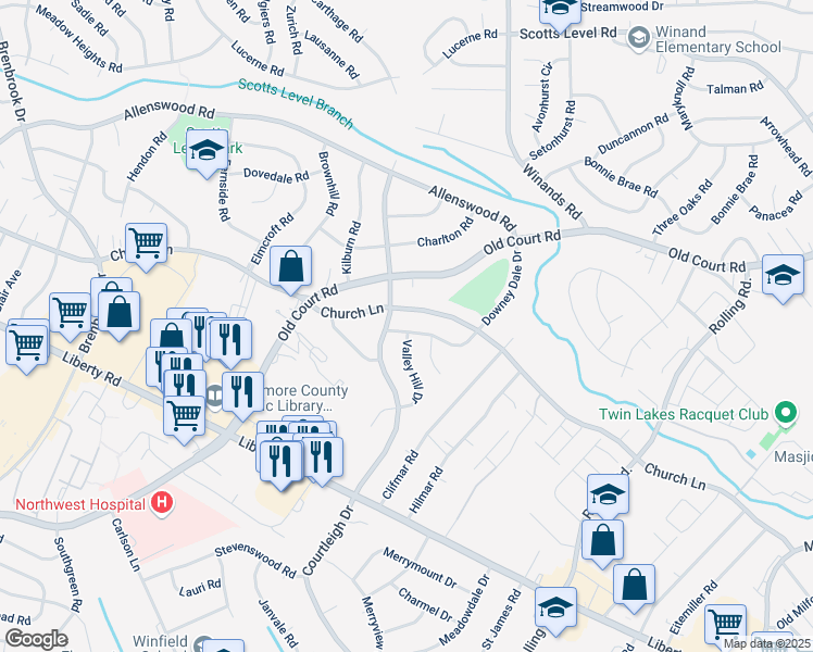 map of restaurants, bars, coffee shops, grocery stores, and more near 8418 Downey Dale Drive in Randallstown