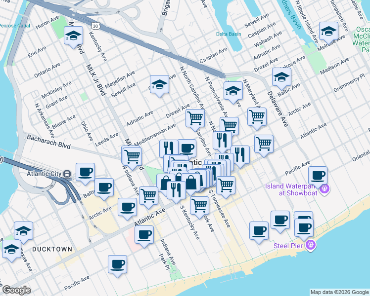 map of restaurants, bars, coffee shops, grocery stores, and more near 127 Reverend Doctor Isaac Cole Plaza in Atlantic City