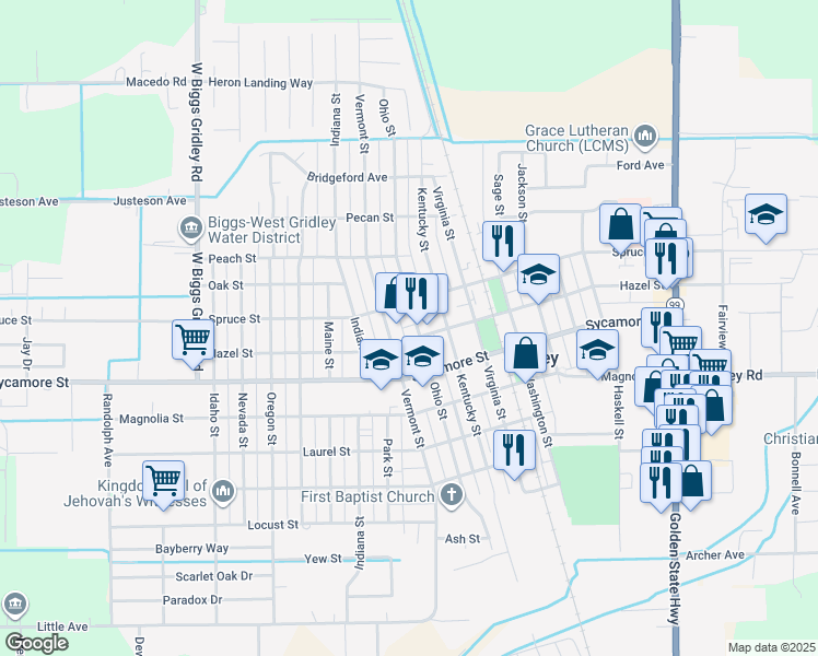 map of restaurants, bars, coffee shops, grocery stores, and more near 1012 Hazel Street in Gridley