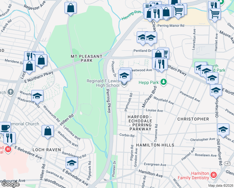 map of restaurants, bars, coffee shops, grocery stores, and more near 6401 Pioneer Drive in Baltimore
