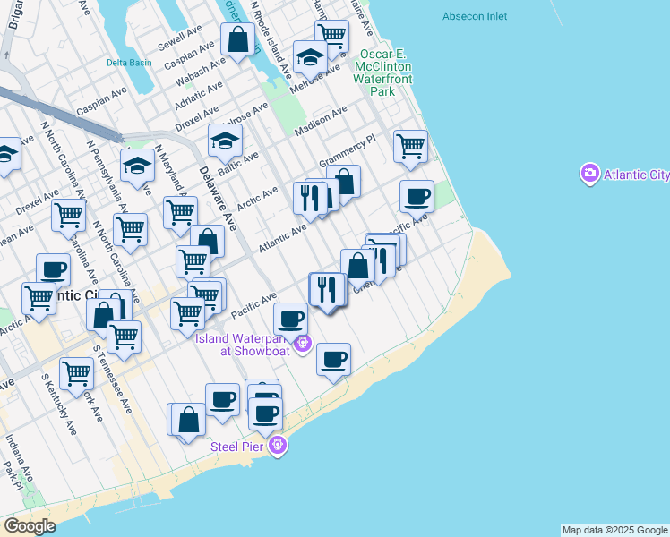 map of restaurants, bars, coffee shops, grocery stores, and more near 526 Pacific Avenue in Atlantic City