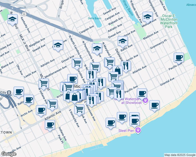 map of restaurants, bars, coffee shops, grocery stores, and more near 30 North Pennsylvania Avenue in Atlantic City