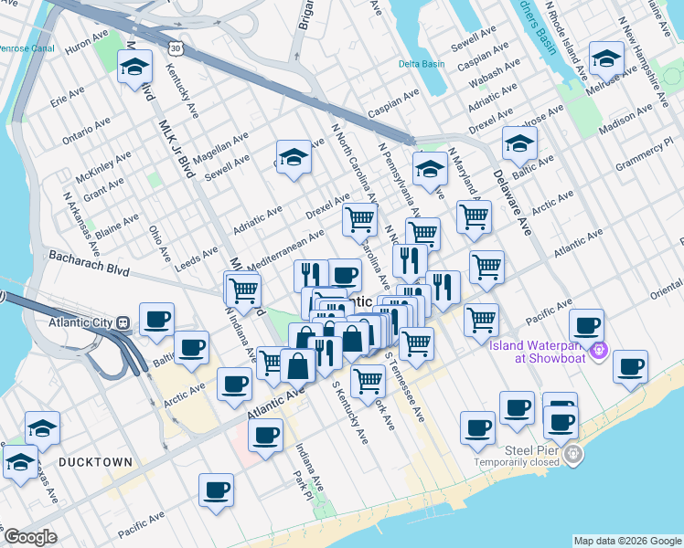 map of restaurants, bars, coffee shops, grocery stores, and more near 127 Reverend Doctor Isaac Cole Plaza in Atlantic City