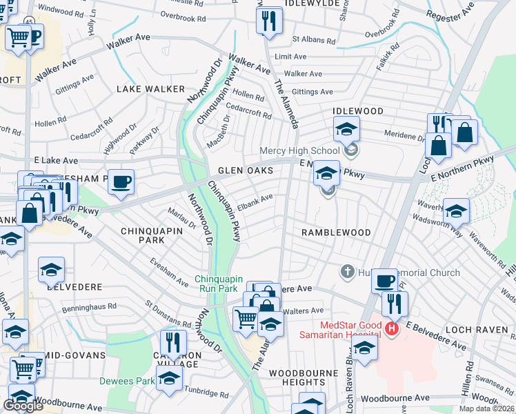 map of restaurants, bars, coffee shops, grocery stores, and more near 1123 Elbank Avenue in Baltimore