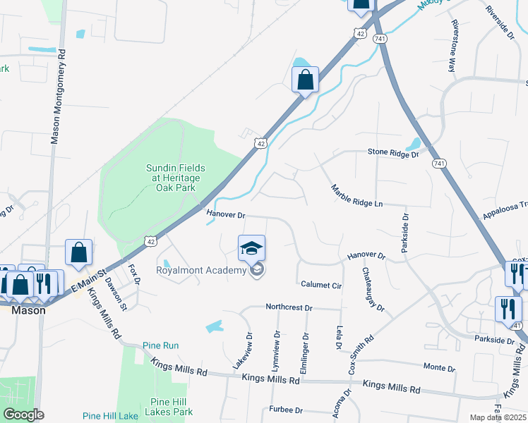 map of restaurants, bars, coffee shops, grocery stores, and more near 4424 Hanover Drive in Mason