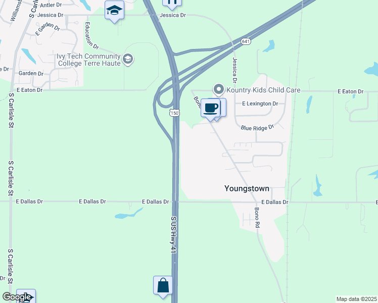 map of restaurants, bars, coffee shops, grocery stores, and more near 8450 U.S. 41 in Terre Haute