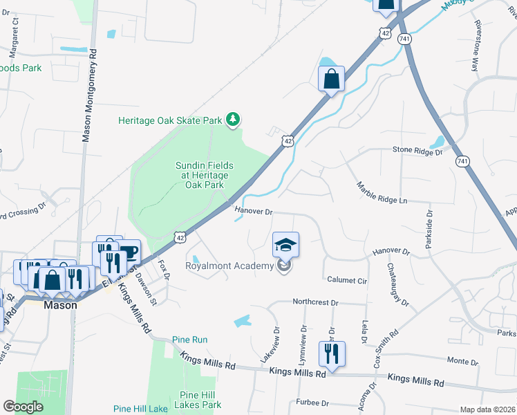 map of restaurants, bars, coffee shops, grocery stores, and more near 5049 Mason Hill Court in Mason