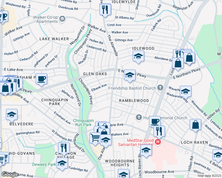 map of restaurants, bars, coffee shops, grocery stores, and more near 5910 The Alameda in Baltimore