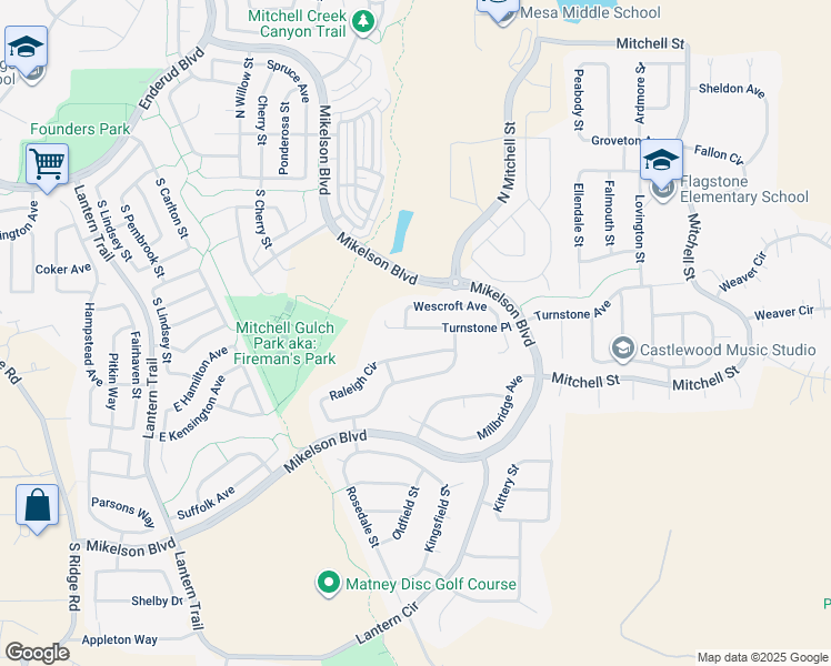 map of restaurants, bars, coffee shops, grocery stores, and more near 6016 Turnstone Place in Castle Rock