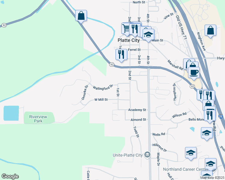 map of restaurants, bars, coffee shops, grocery stores, and more near 1100 Wallingford Drive in Platte City