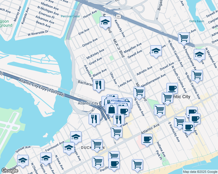 map of restaurants, bars, coffee shops, grocery stores, and more near 1931 Bacharach Boulevard in Atlantic City