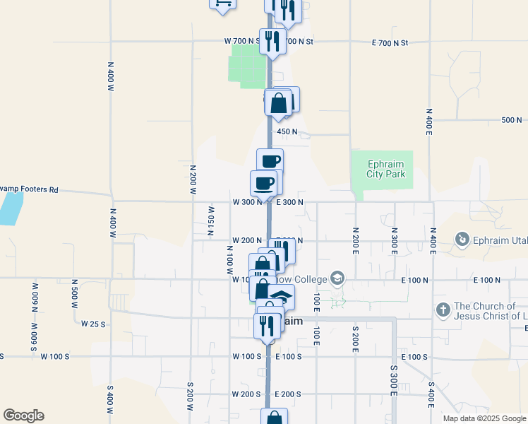 map of restaurants, bars, coffee shops, grocery stores, and more near 265 North Main Street in Ephraim