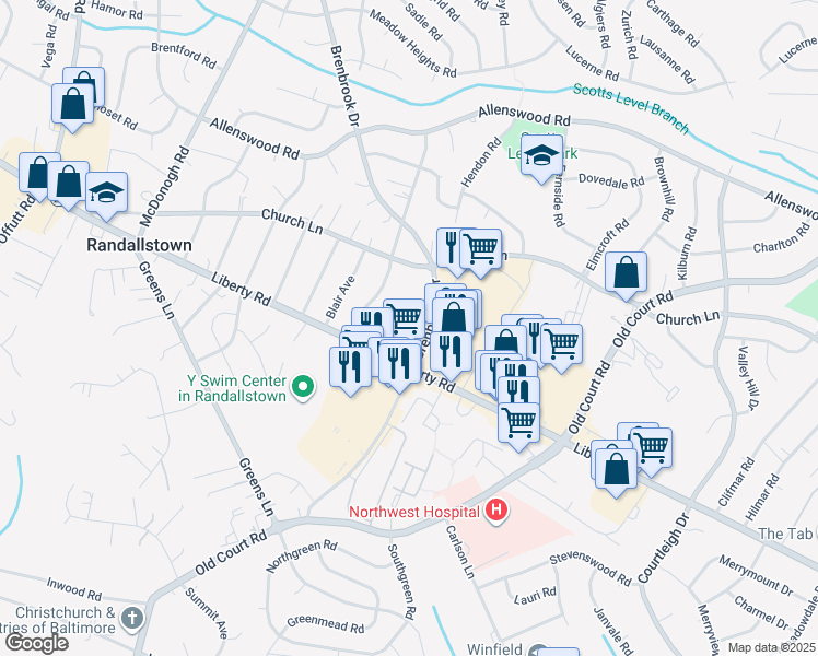 map of restaurants, bars, coffee shops, grocery stores, and more near 3610 Brenbrook Drive in Randallstown