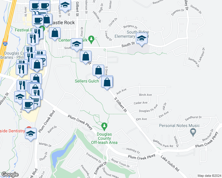 map of restaurants, bars, coffee shops, grocery stores, and more near 101 Ash Avenue in Castle Rock