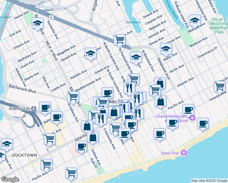 map of restaurants, bars, coffee shops, grocery stores, and more near 110 North South Carolina Avenue in Atlantic City