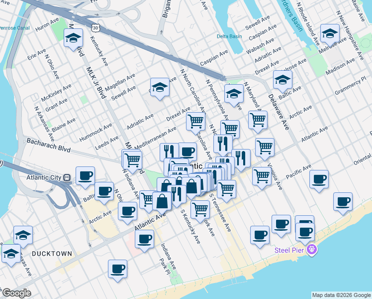 map of restaurants, bars, coffee shops, grocery stores, and more near 127 Reverend Doctor Isaac Cole Plaza in Atlantic City