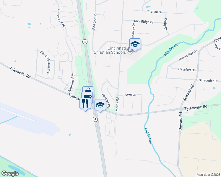 map of restaurants, bars, coffee shops, grocery stores, and more near 7908 Jessies Way in Hamilton