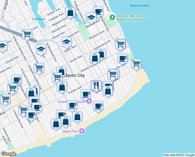 map of restaurants, bars, coffee shops, grocery stores, and more near 526 Pacific Avenue in Atlantic City