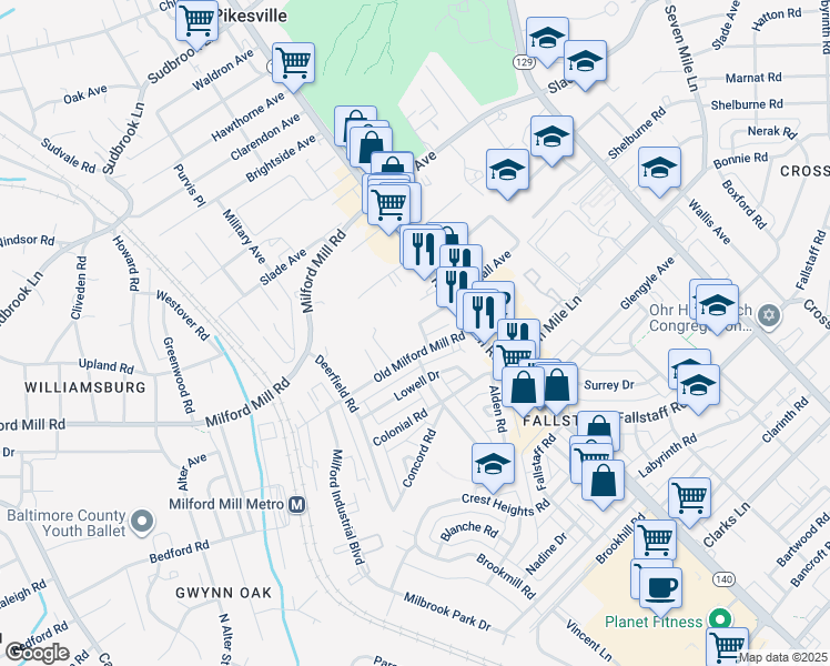 map of restaurants, bars, coffee shops, grocery stores, and more near 4118 Colby Road in Pikesville