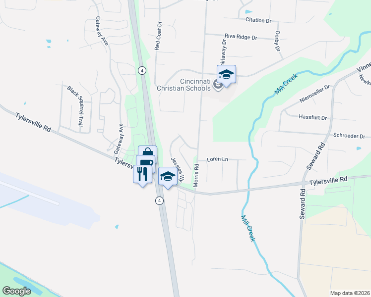 map of restaurants, bars, coffee shops, grocery stores, and more near 7908 Jessies Way in Hamilton