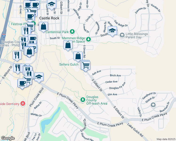 map of restaurants, bars, coffee shops, grocery stores, and more near 910 Bishop Court in Castle Rock