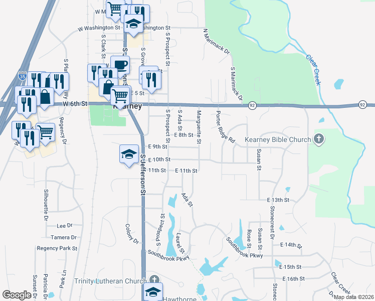 map of restaurants, bars, coffee shops, grocery stores, and more near 400 East 10th Street in Kearney