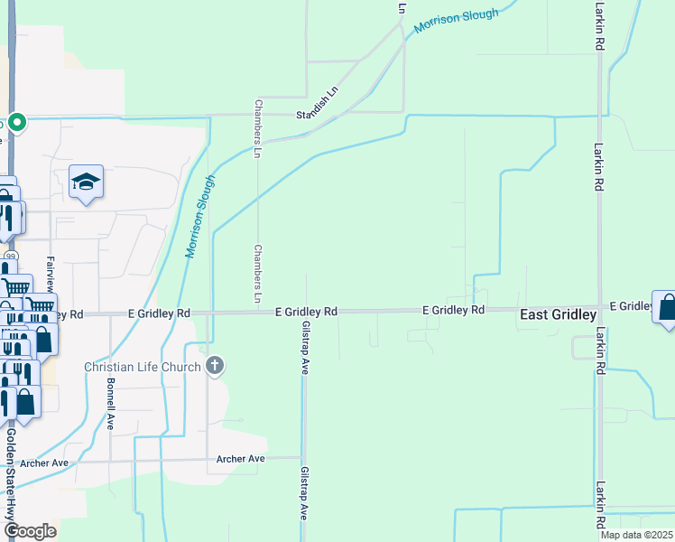 map of restaurants, bars, coffee shops, grocery stores, and more near 335 East Gridley Road in Gridley