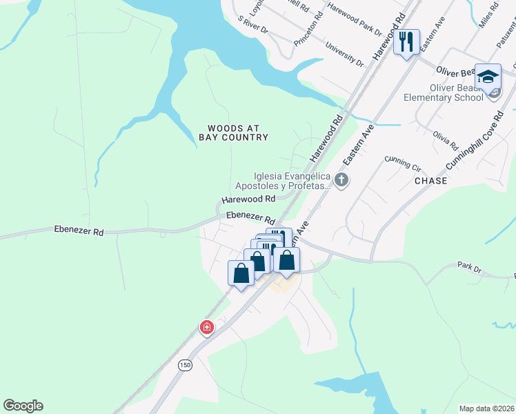 map of restaurants, bars, coffee shops, grocery stores, and more near 12622 Harewood Road in Middle River
