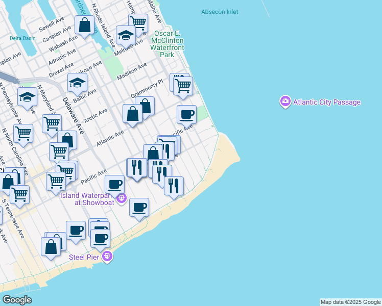 map of restaurants, bars, coffee shops, grocery stores, and more near 211 South Vermont Avenue in Atlantic City