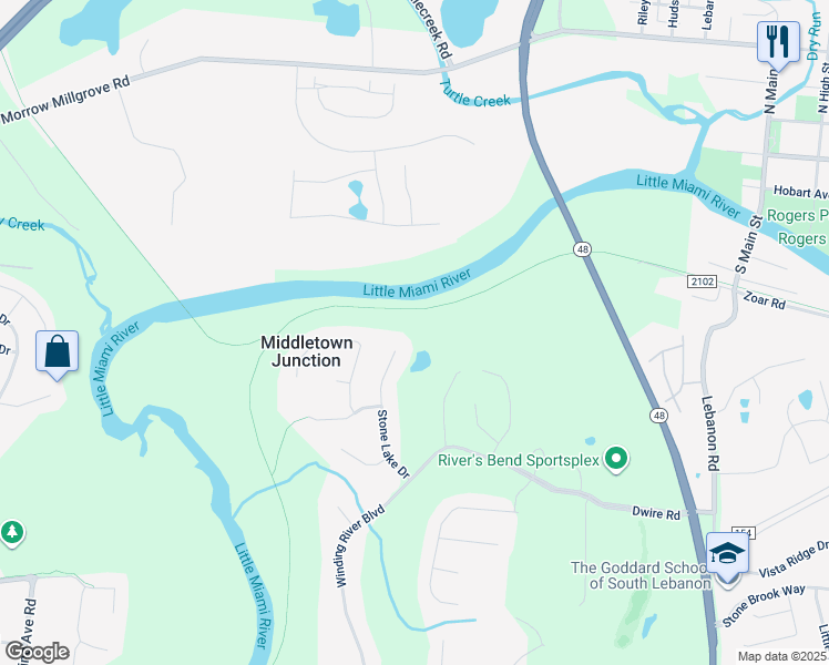 map of restaurants, bars, coffee shops, grocery stores, and more near 4794 Stone Lake Drive in Maineville